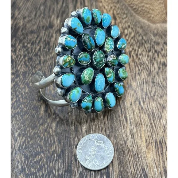 Navajo Handmade Sterling Silver Sonoran Gold Turquoise Mega Cuff Bracelet - Picture 4 of 9